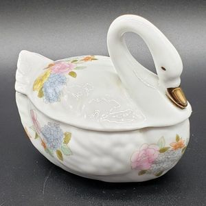 Vintage Porcelain Applied Floral Gold Gilt Swan Shaped Trinket Box